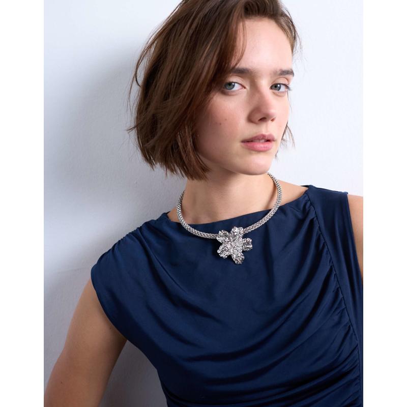 Topshop 女士 项链/吊坠 Maeve 花朵精致项链(银色)