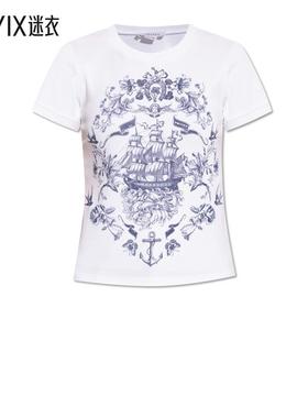 【早秋新品】MCQUEEN 女款CHEST. 白色蓝色印花T恤 迷衣时尚 迷衣