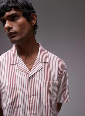 Levi's 男士 衬衫 camper revere 经典款短袖领条纹红色衬衫