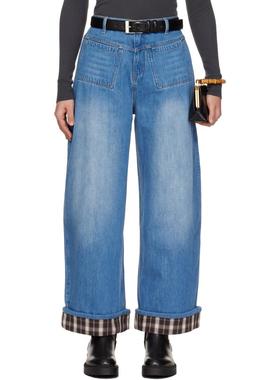 CPLUS Series 女士 牛仔长裤 蓝色 Plaid Cuffed 牛仔裤