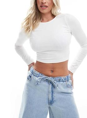 ASOS DESIGN 女士 T恤 Fuller 设计胸部合身短款长袖T恤(白色)