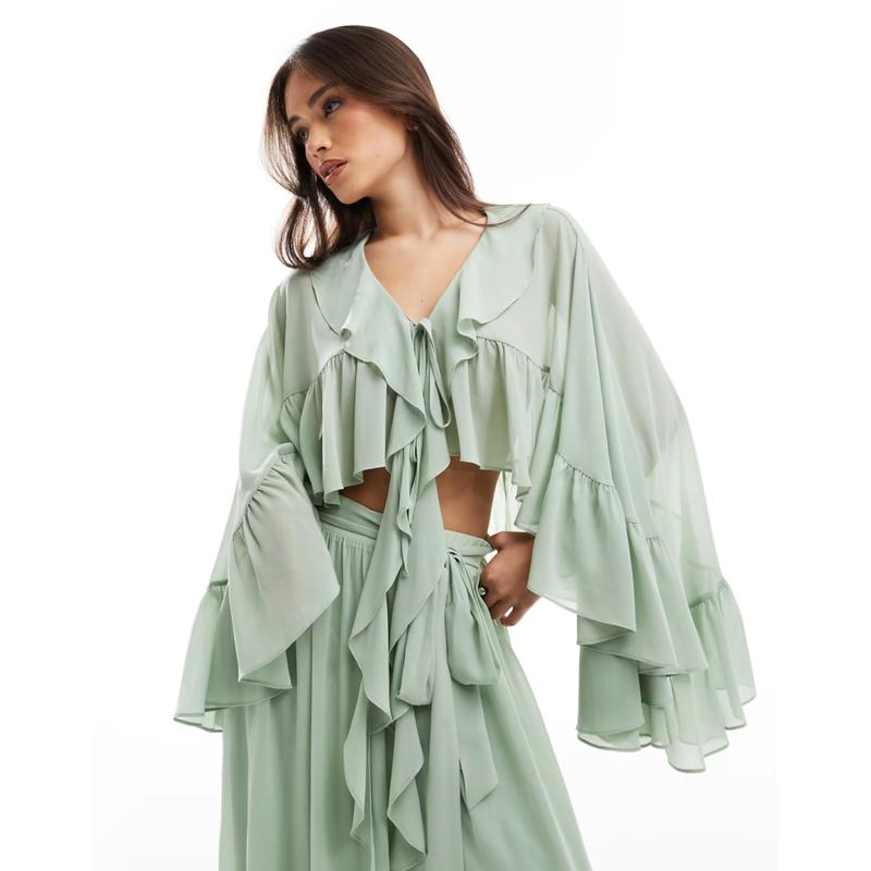 Tfnc 女士 上衣 前襟绑带皱褶绿色披肩式上衣(sage co-ord)