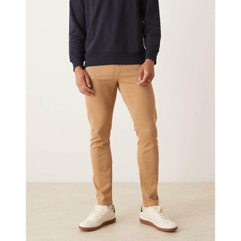 ASOS DESIGN 男士 长裤 设计紧身斜纹棉布裤(米黄色)