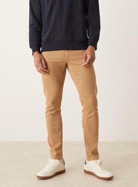 ASOS DESIGN 男士 长裤 设计紧身斜纹棉布裤(米黄色)