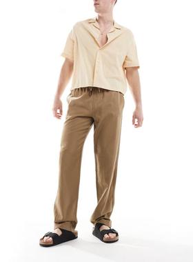 Threadbare 男士 长裤 磨绒亚麻抽绳腰带深色石头色裤子