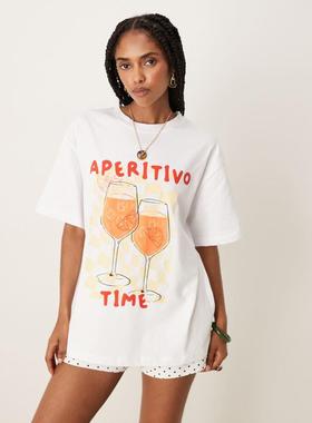 ASOS DESIGN 女士 T恤 aperitivo drink 设计宽松款印花T恤(白色)