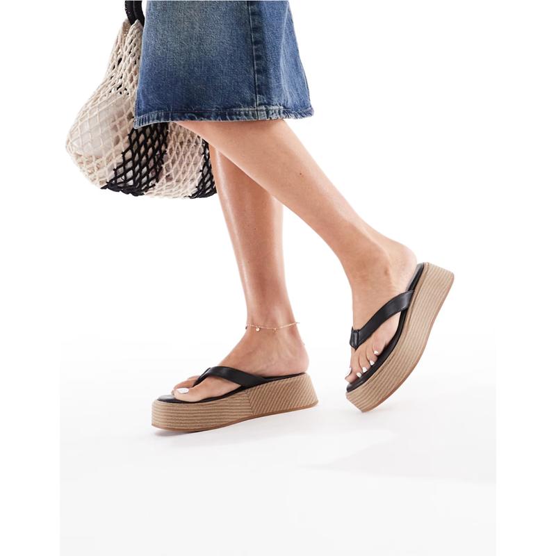 London Rebel 女士 凉鞋 PU 夹趾防水台麻底坡跟鞋(黑色)