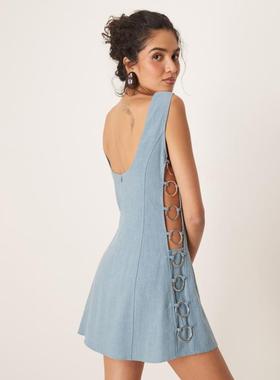 VRG GRL 女士 短款连衣裙 discoteca 迷你亚麻海蓝色连衣裙