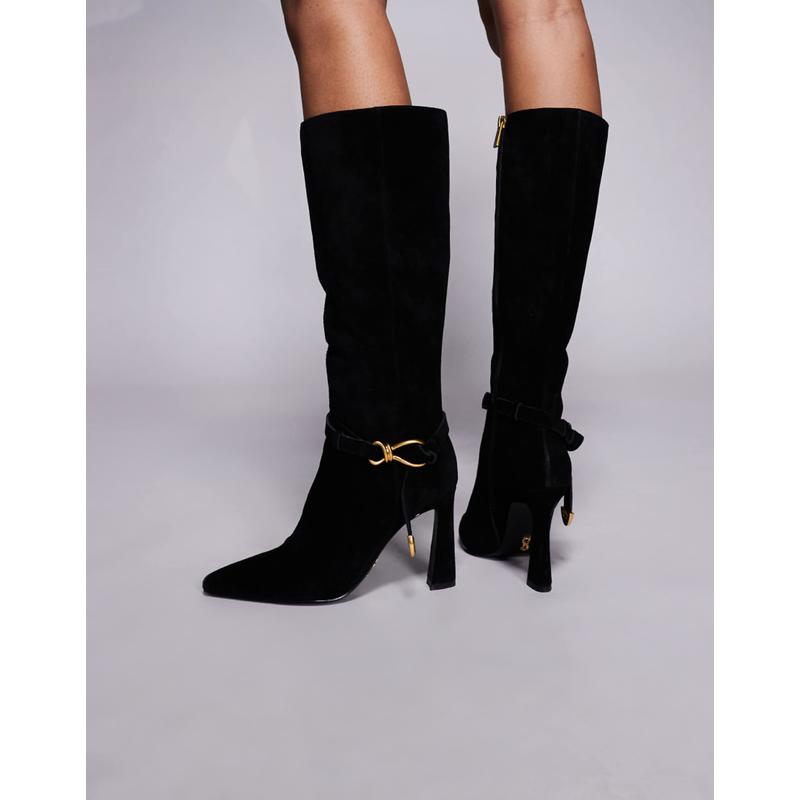 Steve Madden 女士 靴子 Sirrens 绑带搭扣及膝绒面革黑色长筒靴