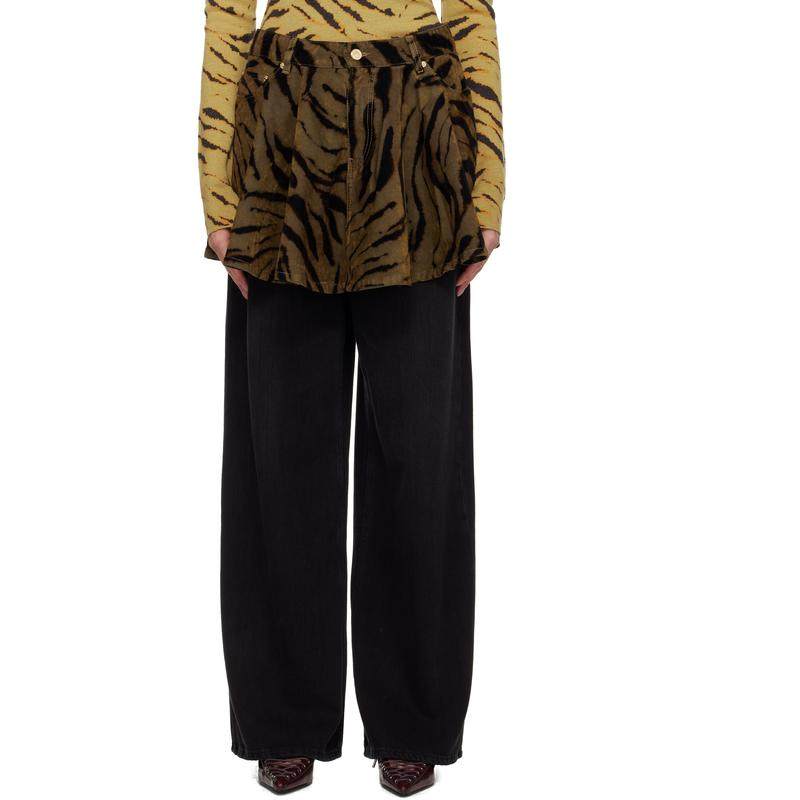 Ganni 女士 迷你裙 卡其色  黑色 Printed Flocked 牛仔短裙