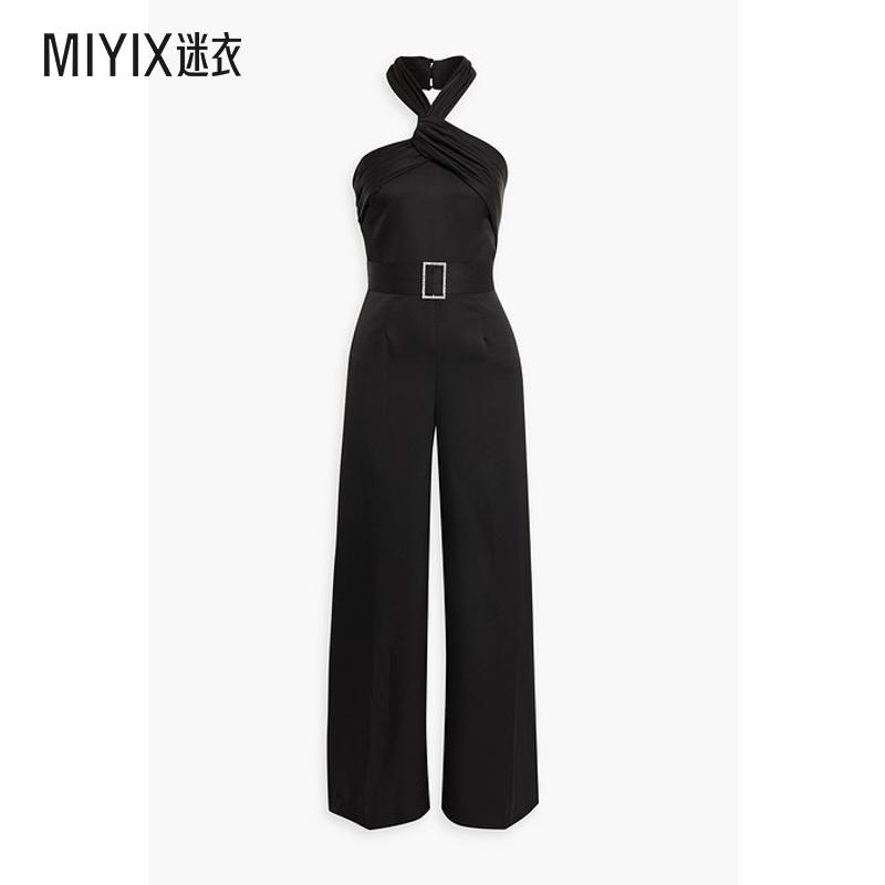 Halston 女 Kani 水晶装饰缎面绉纱阔腿挂脖连体裤 迷衣时尚