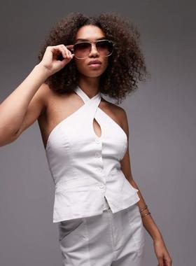 Emory Park 女士 上衣 co-ord 裹式领亚麻挂脖上衣(白色)