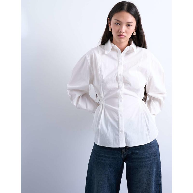 Topshop 女士 衬衫 后绑带束腰长袖米白色衬衫