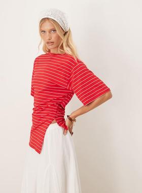 ASOS DESIGN 女士 T恤 设计条纹不对称紧身侧边红色T恤