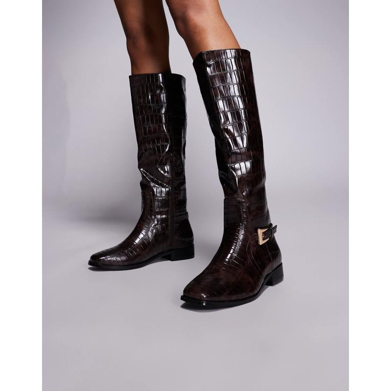 Public Desire 女士 靴子 Mackie 宽版及膝搭扣棕色鳄鱼纹靴子