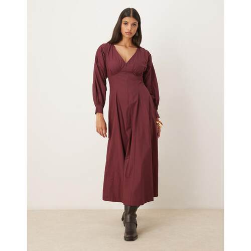 ASOS DESIGN 女士 中长连衣裙 设计长袖V领府绸酒红色长款连衣裙