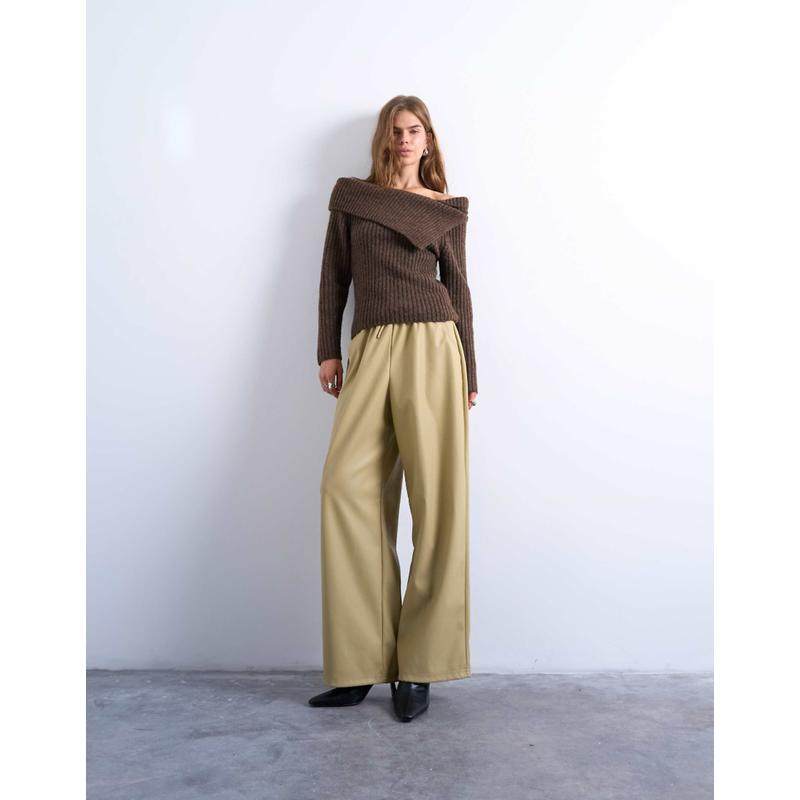 Topshop 女士 长裤 pull 抽绳仿皮直筒灰褐色裤子