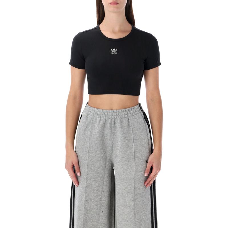 Adidas Originals 女士 SS26 T恤 黑色基础款罗纹短款T恤