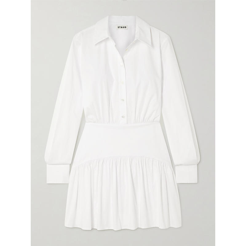 Staud 女士 短款连衣裙 Rocco 褶皱弹力棉质府绸迷你衬衫式连衣裙