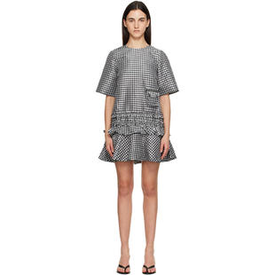 Ganni 甘尼 女士 短款连衣裙 黑色  白色 Crinkled Check 连衣裙
