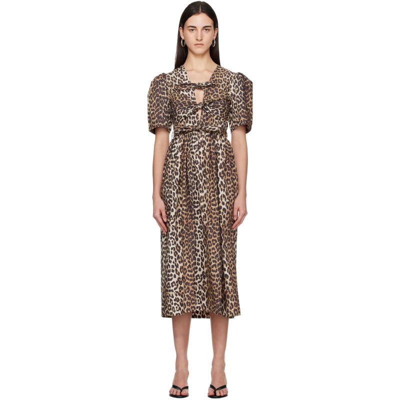 Ganni 女士 中长连衣裙 棕色 Leopard Printed Cotton 连衣裙