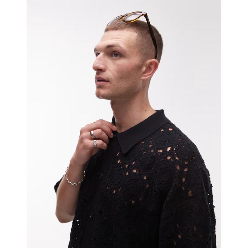 Topman 男士 POLO衫 宽松花朵钩花衬衫(黑色)