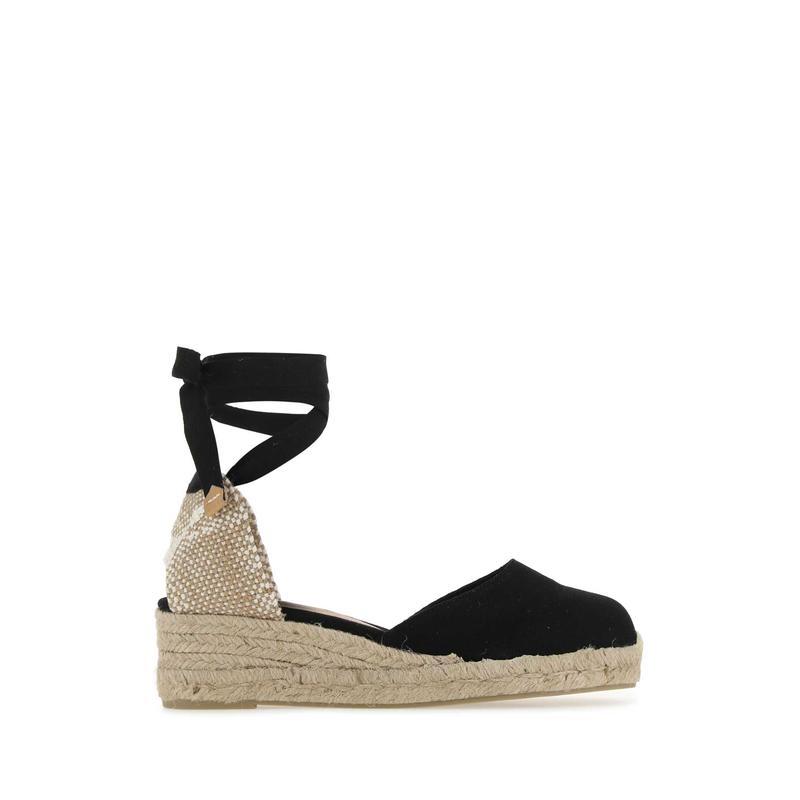 Castañer 女士 SS25 麻编鞋 Carina 黑色帆布坡跟鞋