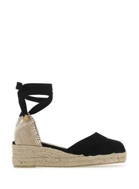 Castañer 女士 SS25 麻编鞋 Carina 黑色帆布坡跟鞋