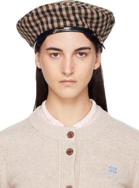 Ganni 女士 贝雷帽 棕色 Checked Wool Mix 贝雷帽