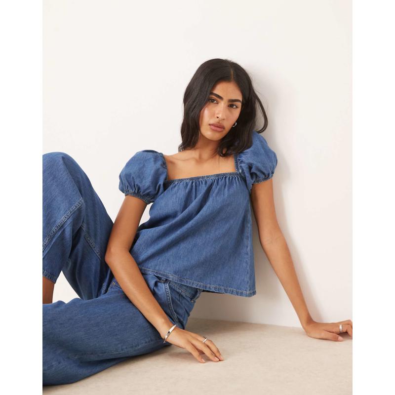 ASOS DESIGN 女士 T恤 设计洋娃娃牛仔泡泡袖中长蓝色上衣