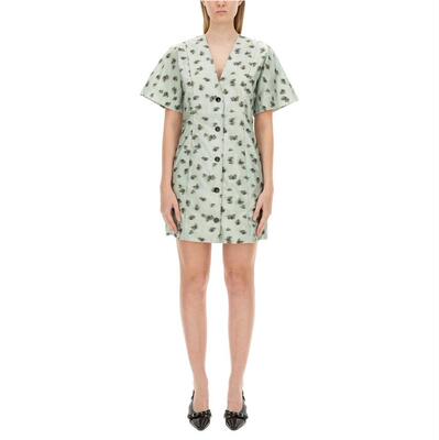 Ganni 甘尼 女士 FW24 短款连衣裙 绿色 Floral 连衣裙