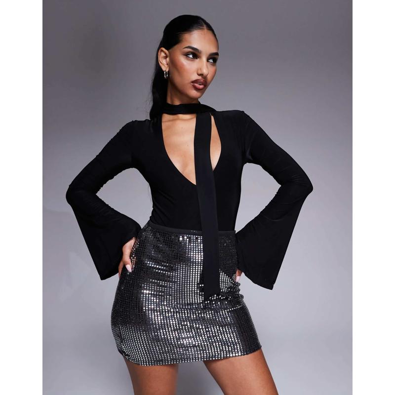 ASOS DESIGN 女士 连体衣 设计紧身深V围巾领长袖上衣(黑色)