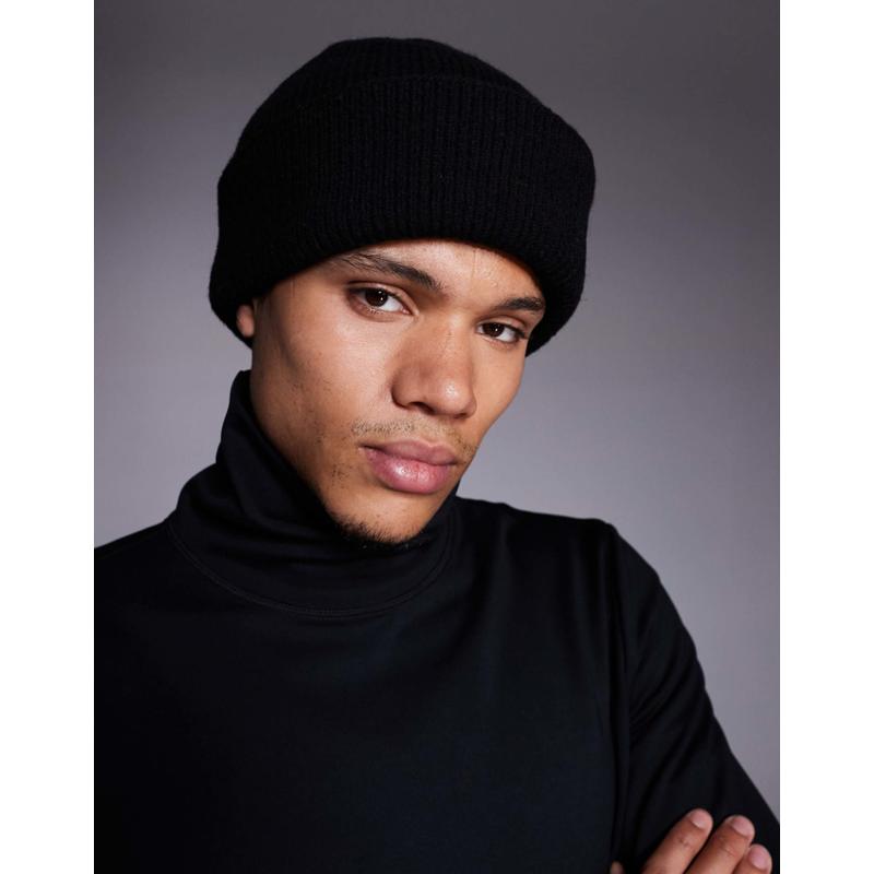 ASOS DESIGN 男士 毛线帽 4505 Ski fisherman 针织小便帽(黑色)