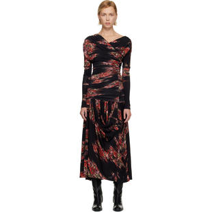 女士 Ruched 中长连衣裙 Floral 连衣裙 黑色 Ganni