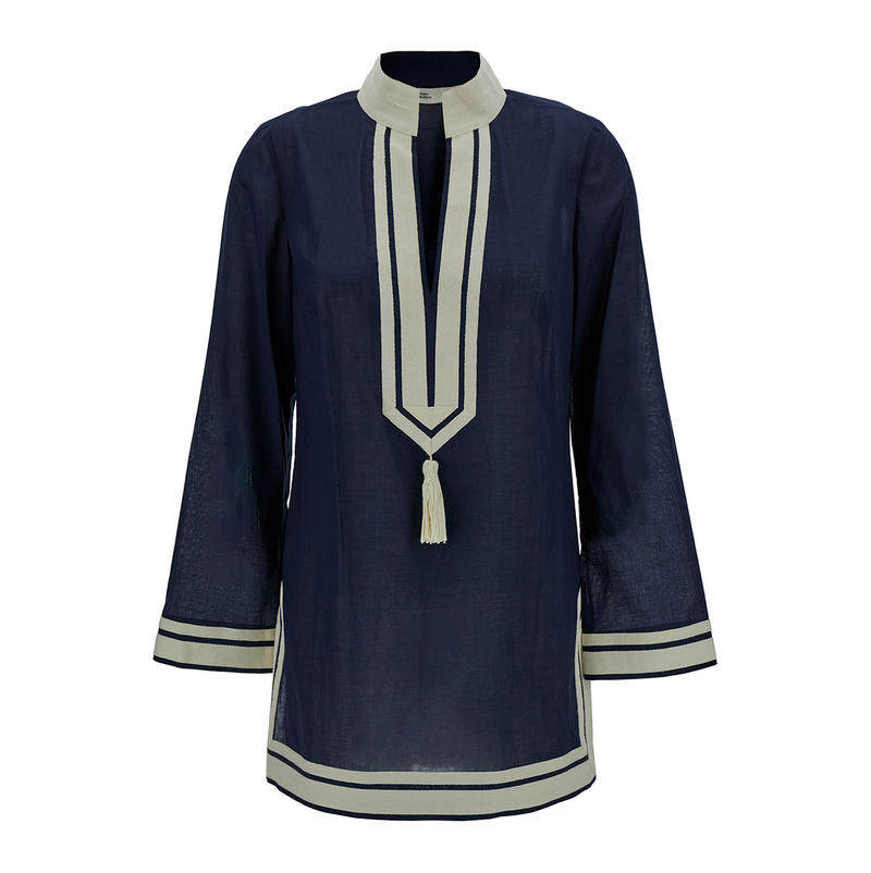 Tory Burch 汤丽柏琦 女士 连衣裙 蓝色撞色细节流苏棉质长衫