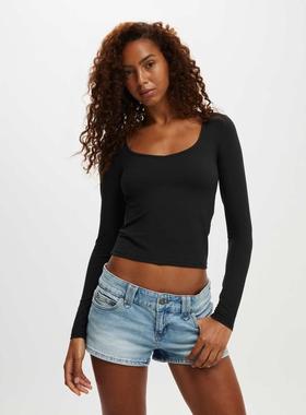 Cotton:on 女士 T恤 hold me 棉质长袖上衣(黑色)