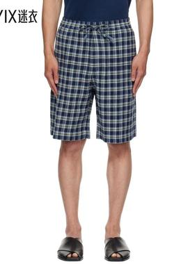 The Elder Statesman 男款海军蓝 Dune Plaid Fringe Beach 短裤