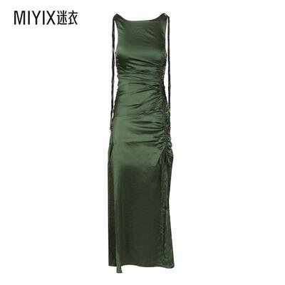 【早秋新品】Ganni 女款tie-detailed 精饰褶皱缎面中长连衣裙