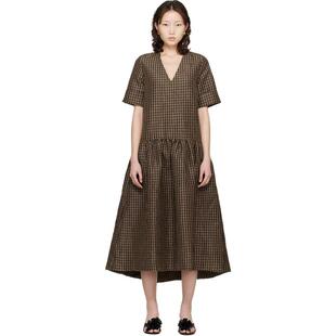 Ganni 甘尼 女士 中长连衣裙 棕色 Crinkled Check 连衣裙