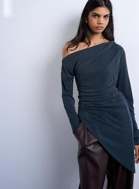 Topshop 女士 T恤 铜氨纤维露肩长袍式炭灰色长袖上衣