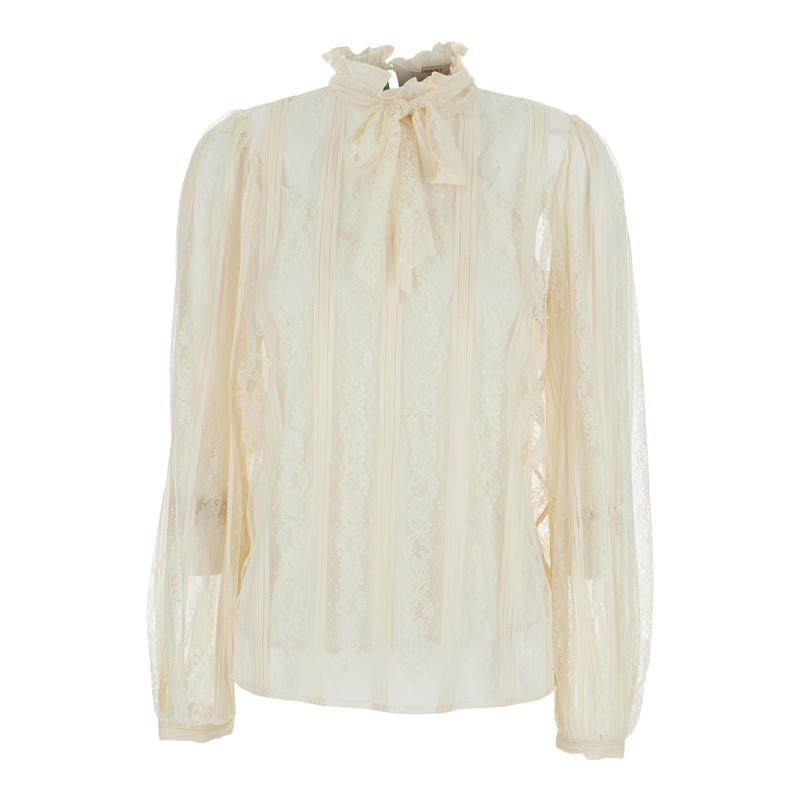 TWINSET 女士 SS26 衬衫 at for 白色蕾丝设计打结领棉混纺