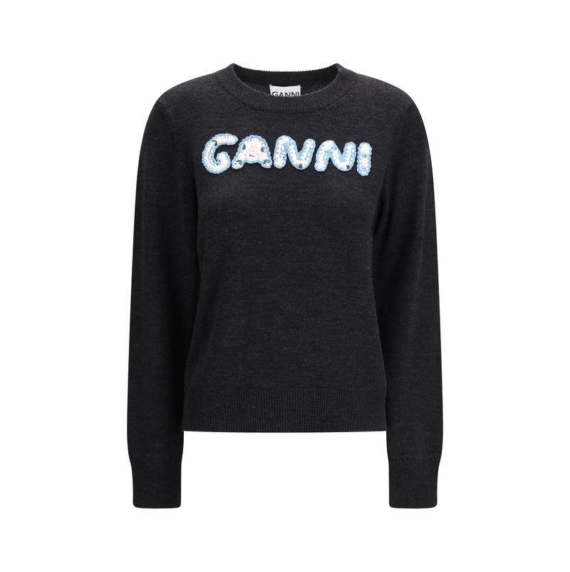 Ganni 甘尼 女士 SS26 卫衣 钩花贴花缝饰美利奴羊毛毛衣