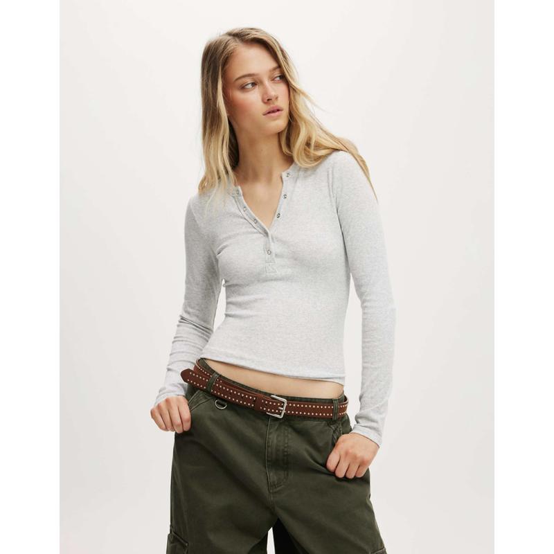 Cotton:on 女士 T恤 Ryan 棉质亨利领长袖上衣(灰色)