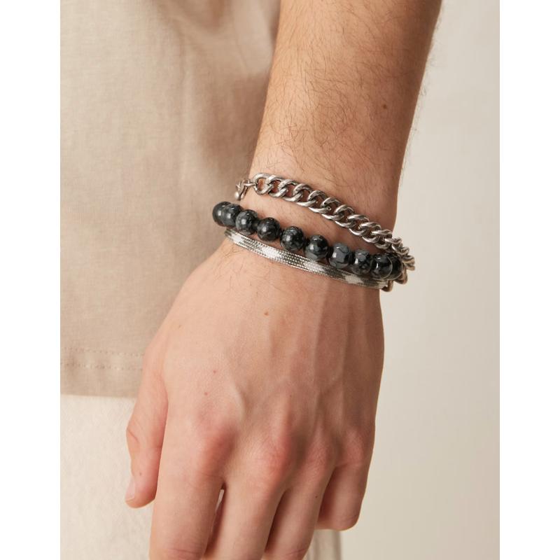 ASOS DESIGN 男士 手链 festival 设计珠饰链条多手镯(三件套)