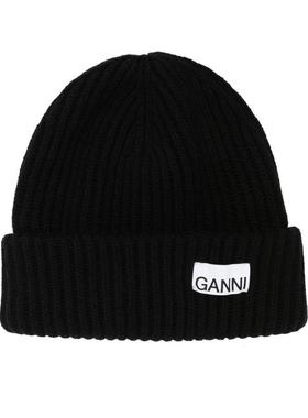 Ganni 女士 SS26 毛线帽 徽标贴饰罗纹无檐便帽