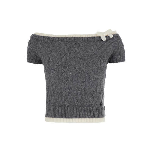 Shushu/Tong 女士 上衣 灰色 Bow Off-Shoulder Knit Crop 上装