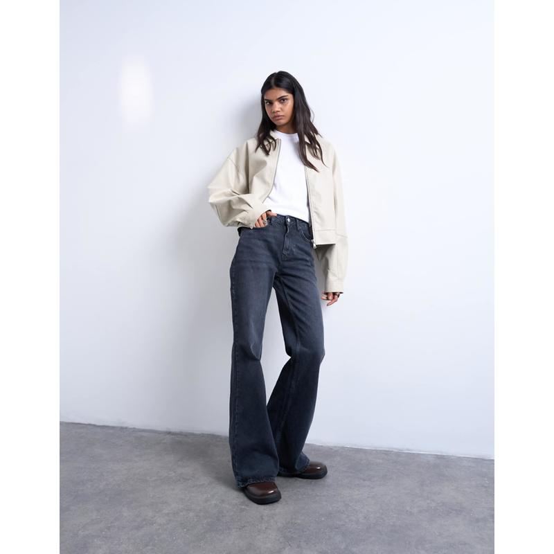 Topshop 女士 牛仔长裤 Pippa 中腰舒适弹力喇叭型水洗黑色牛仔裤