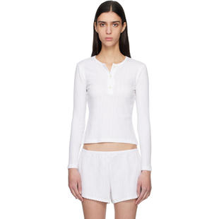 LESET 女士 T恤 白色 Pointelle Long Sleeve 亨利衫