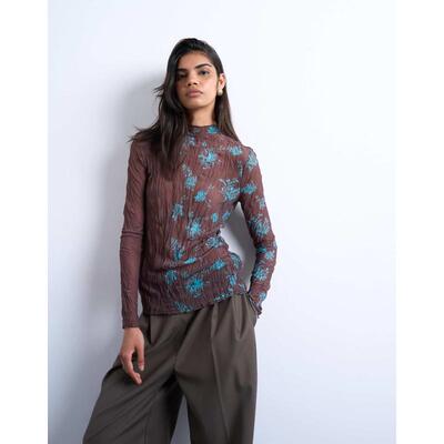 Topshop 女士 T恤 叠接褶皱网纱棕色蓝绿色长袖上衣