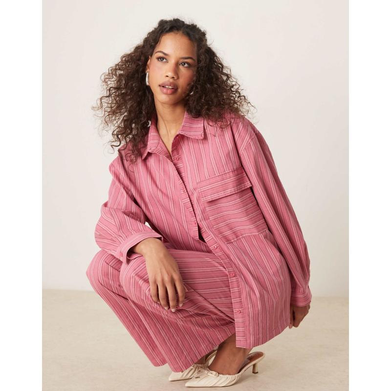 Ghospell 女士 衬衫 co-ord 宽松款口袋粉色条纹衬衫